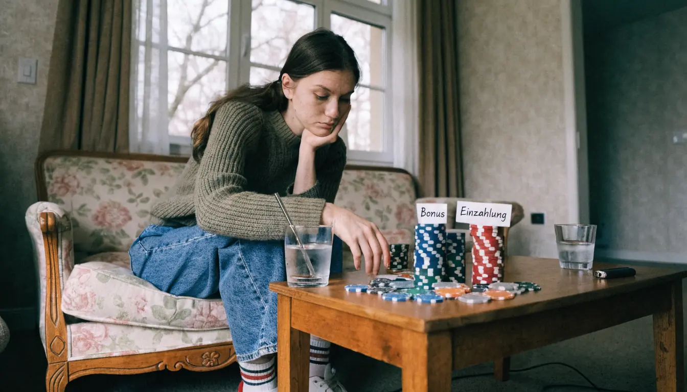 Frau sortiert Spielchips auf Couchtisch.
