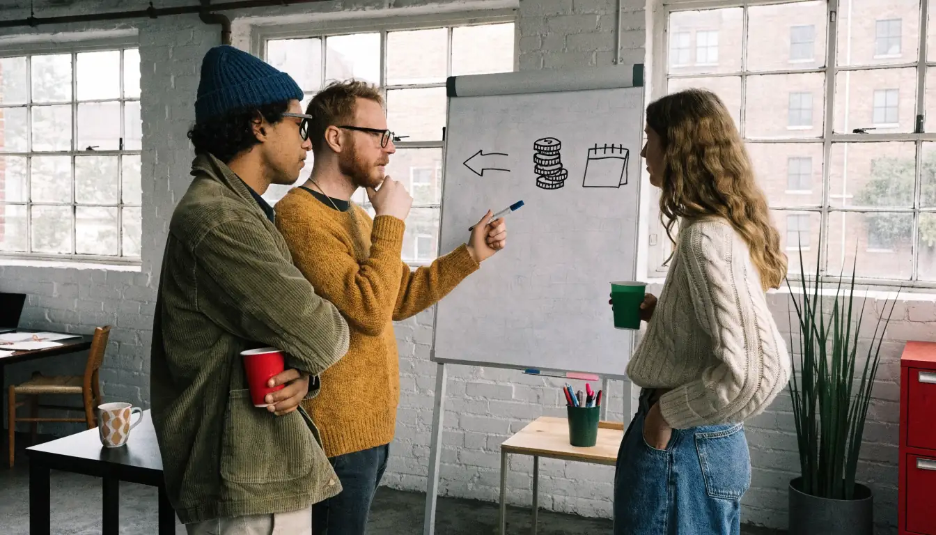 Team diskutiert Bonuskriterien vor Whiteboard.