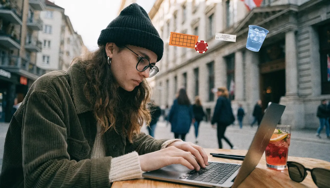 Person am Laptop, Schweizer Flagge im Hintergrund, Casino‑Symbole