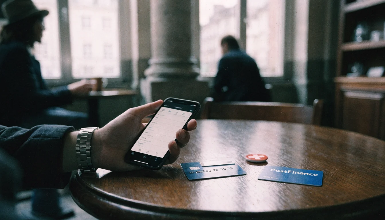 Hand mit Smartphone (Twint), Kredit‑ und PostFinance‑Karten