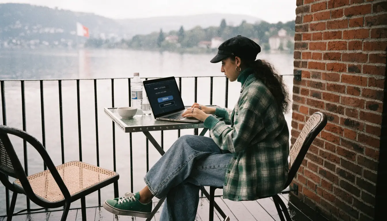 Frau am Zürichsee nutzt Laptop für 5‑Euro‑Einzahlung