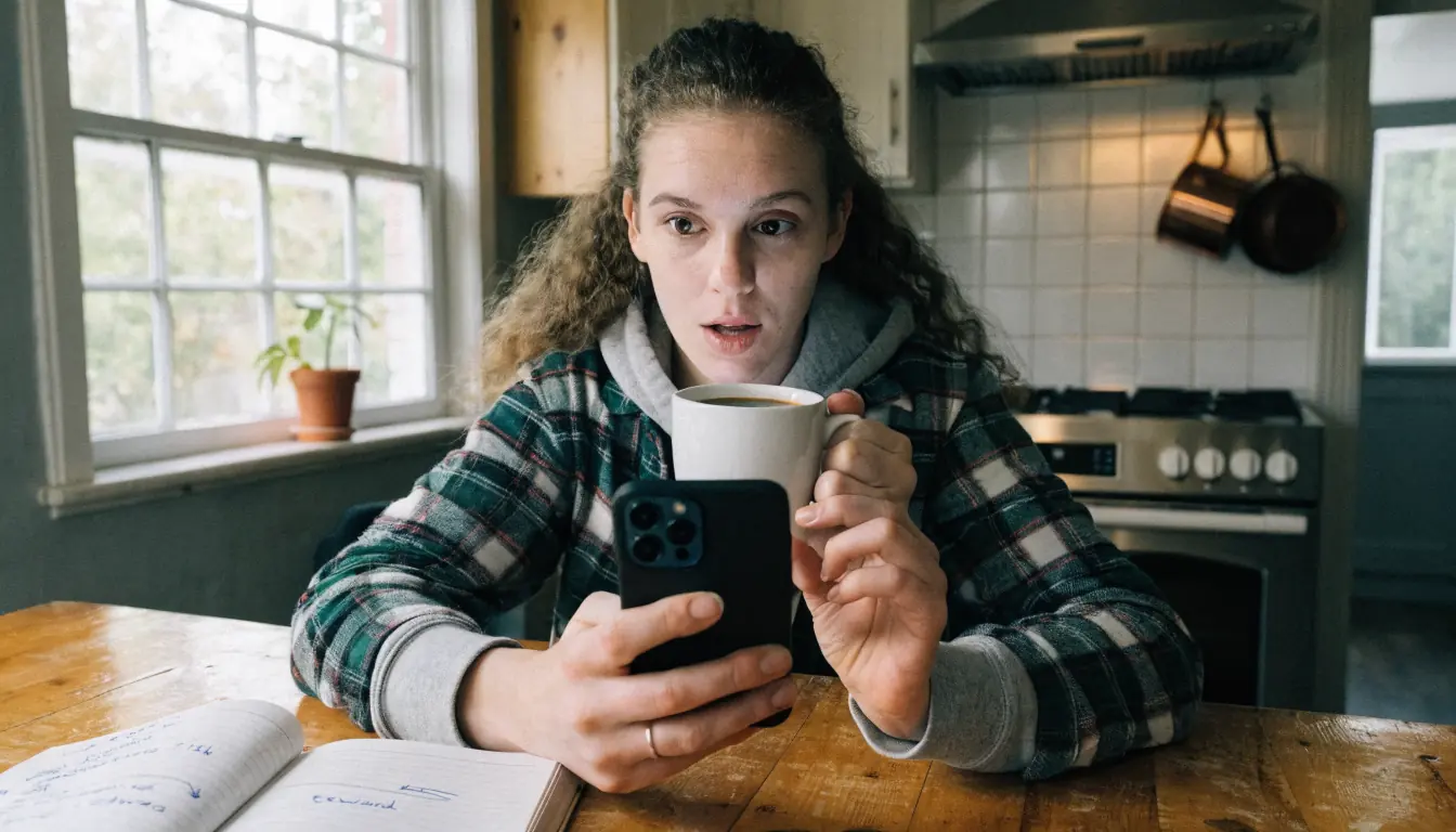 Junge Frau prüft 5‑Euro‑Einzahlung auf Smartphone