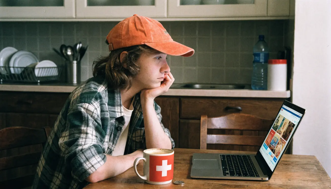 Junge Person am Laptop mit Schweizer Flagge