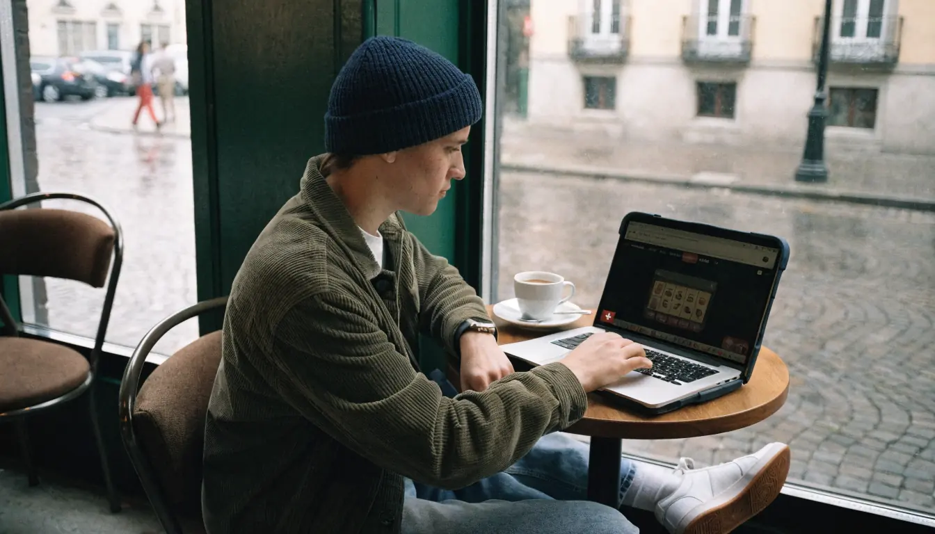 Person schaut Casino‑App bei Kaffee in Zürich