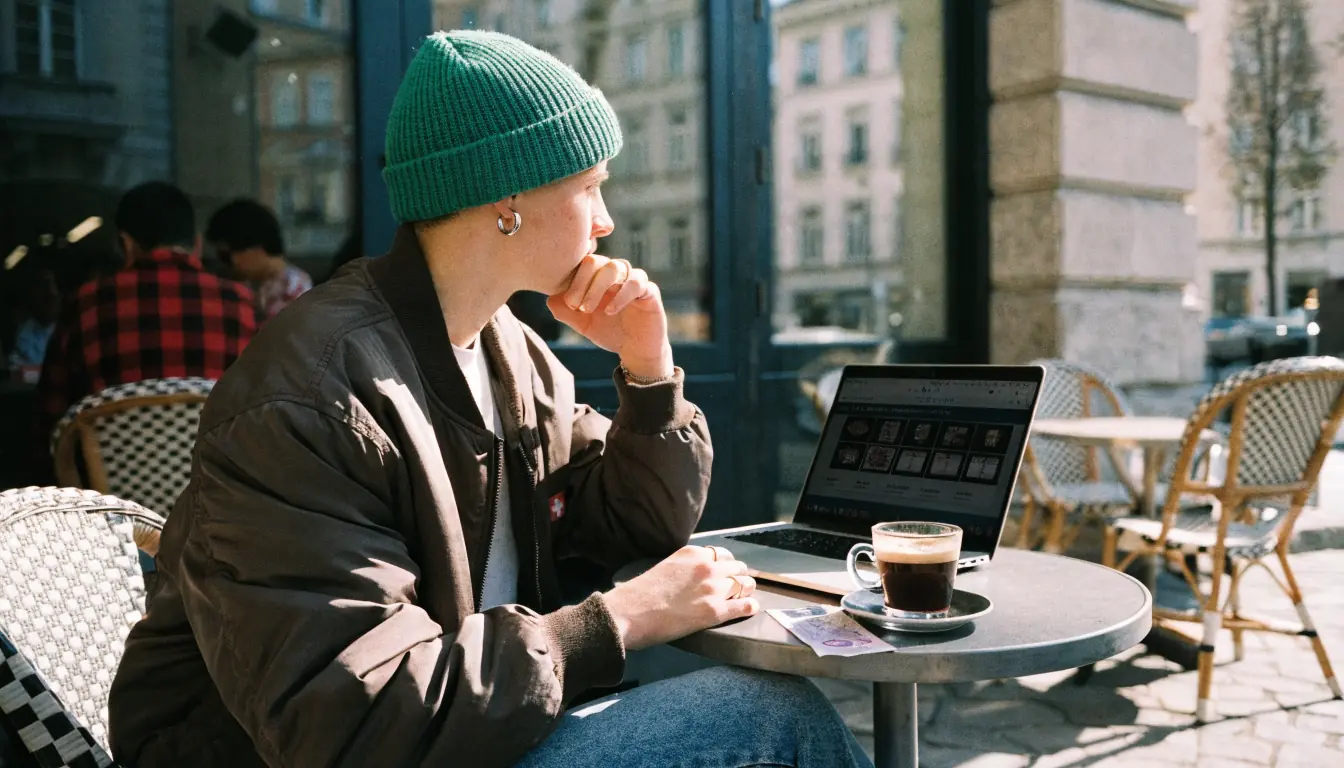Junge im Café schaut Laptop‑Casino, Schweiz