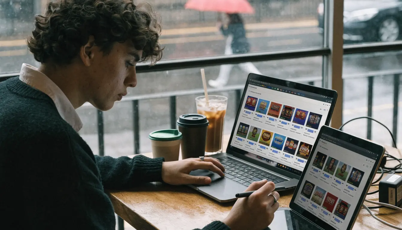 Person vergleicht Slot‑Wetten auf Laptop und Tablet