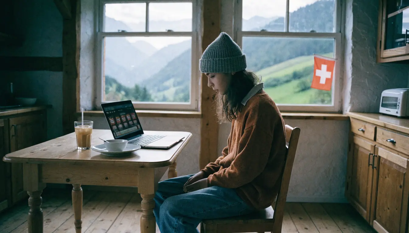 Person am Laptop mit Casino‑Webseite, Schweizer Alpen im Hintergrund