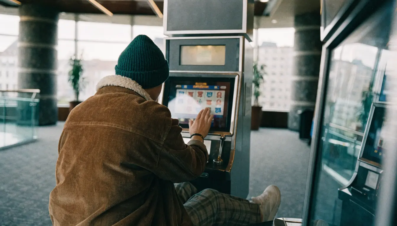 Spieler am Spielautomaten, Hand über Einsatzhebel