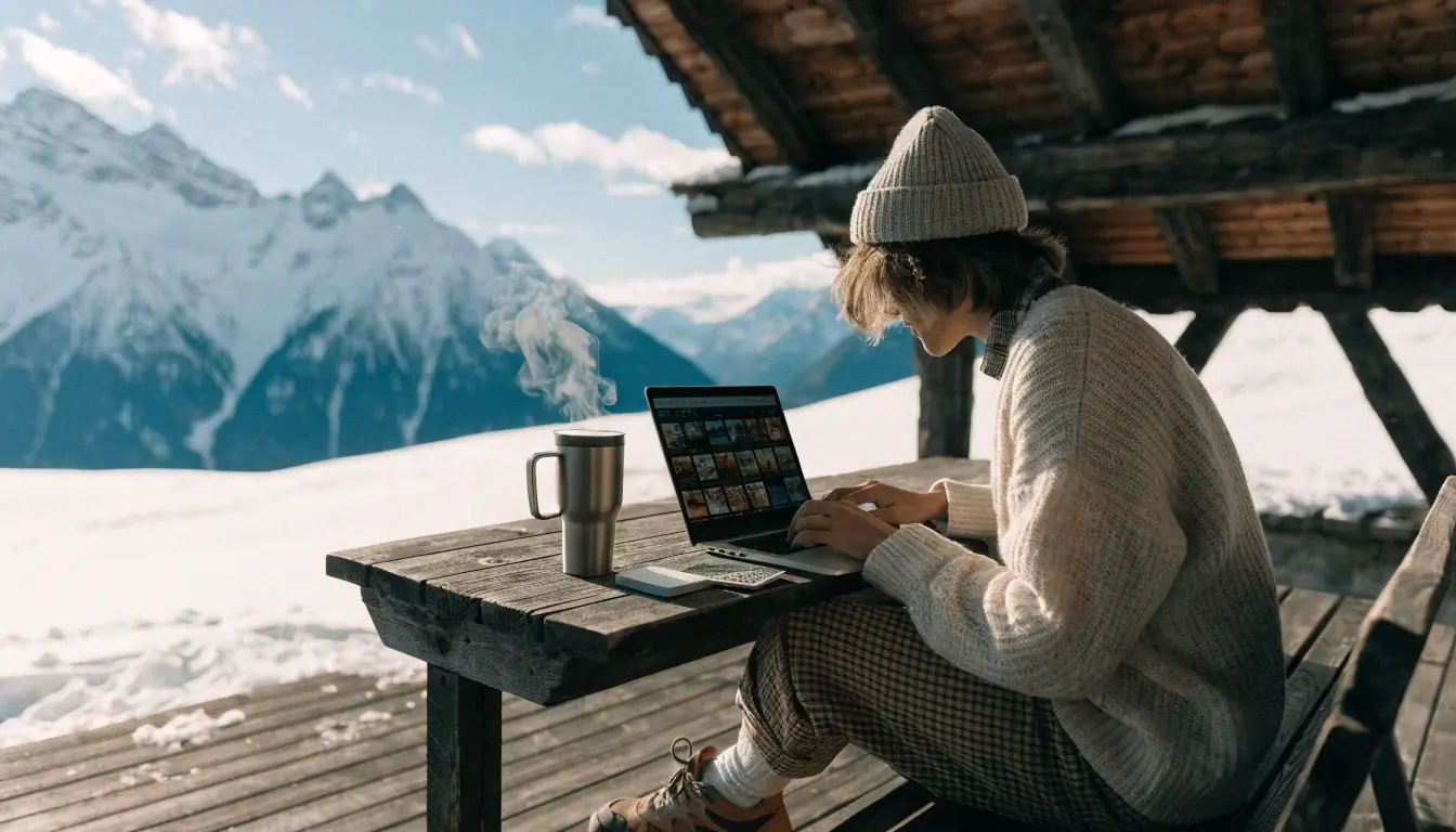 Person am Laptop mit Alpenhintergrund