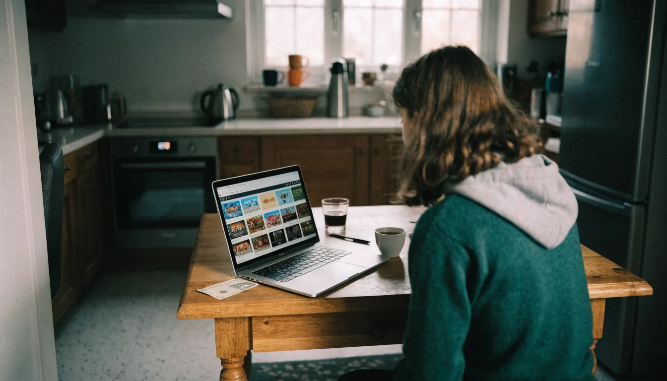 Person von hinten am Laptop mit 5‑Euro‑Banknote