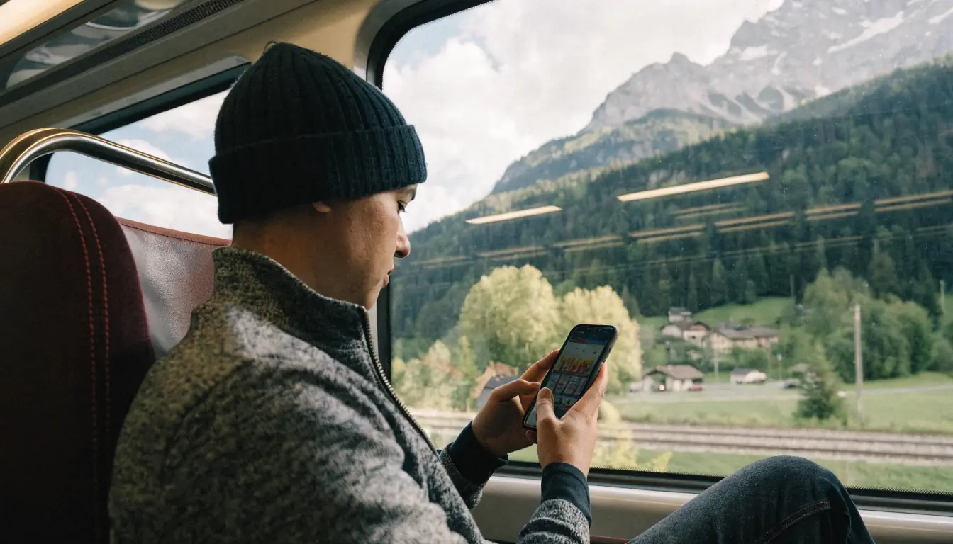 Pendler spielt Slot auf Smartphone im Zug