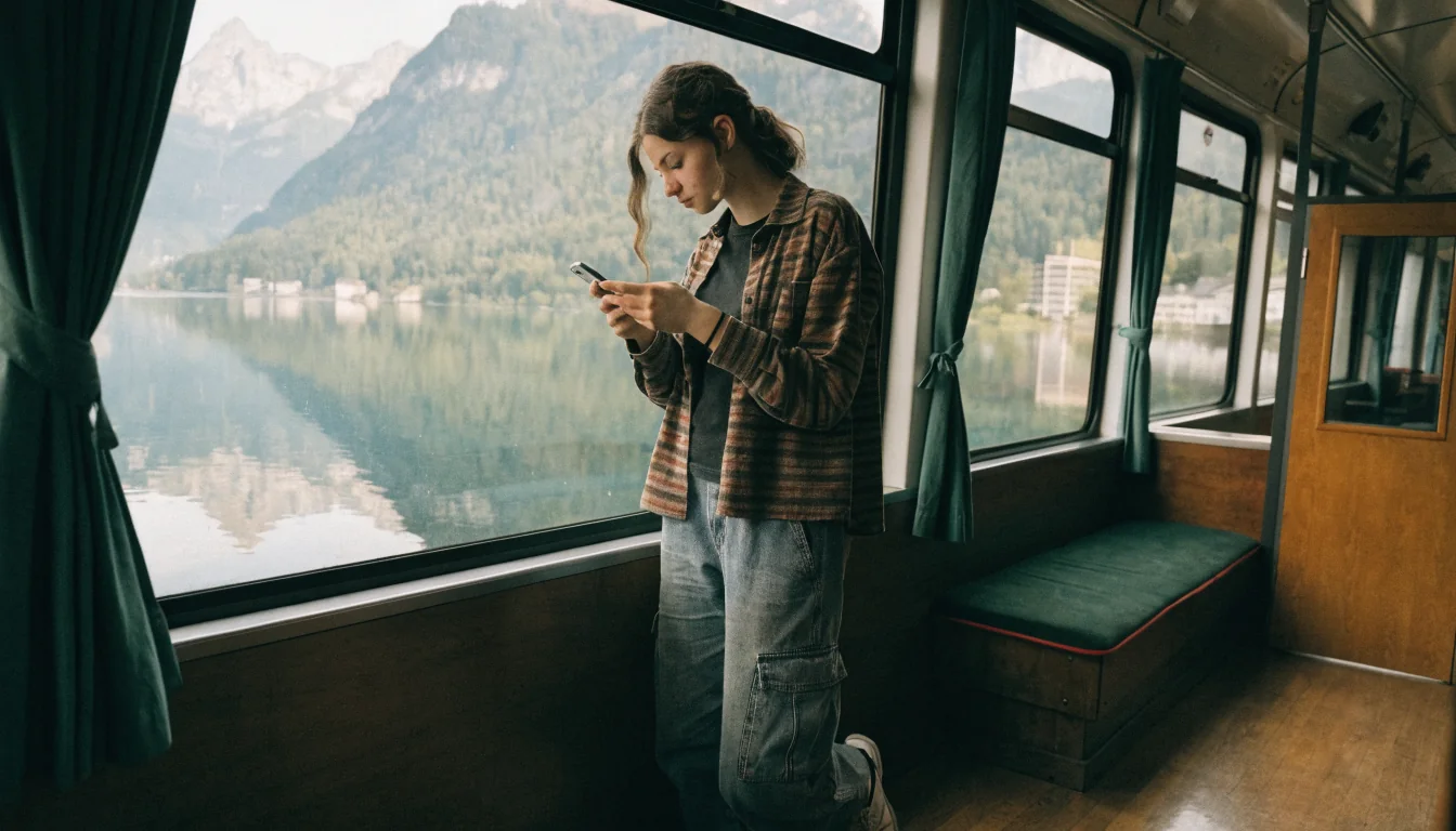 Frau im Tram prüft Bonus-Benachrichtigung