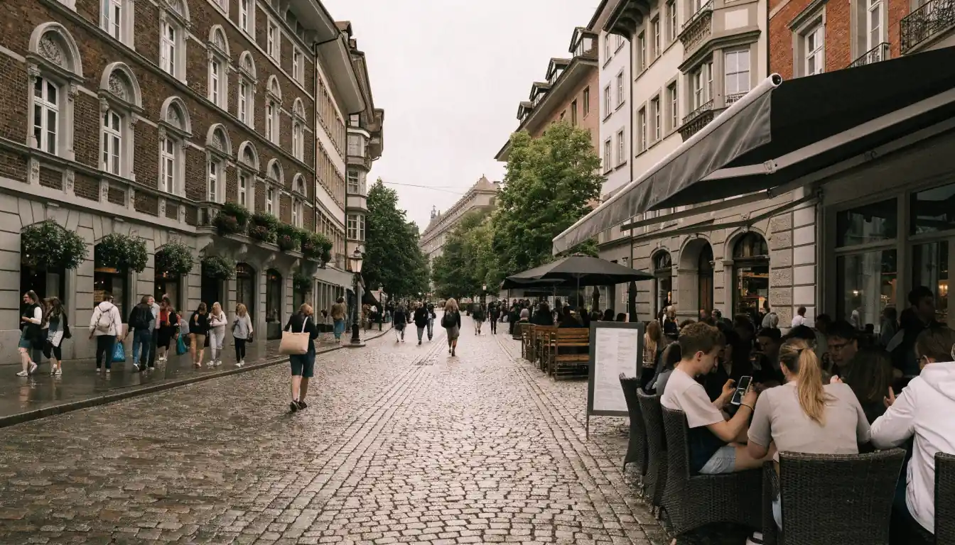 Schweizer Stadtplatz mit Menschen und dezentem Casino‑Hinweis.