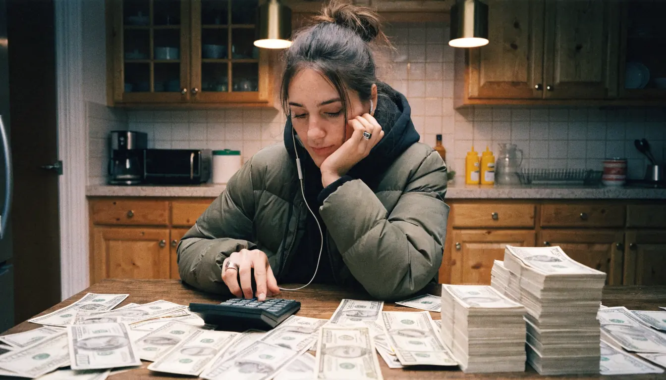 Person zählt Bargeld mit Taschenrechner.