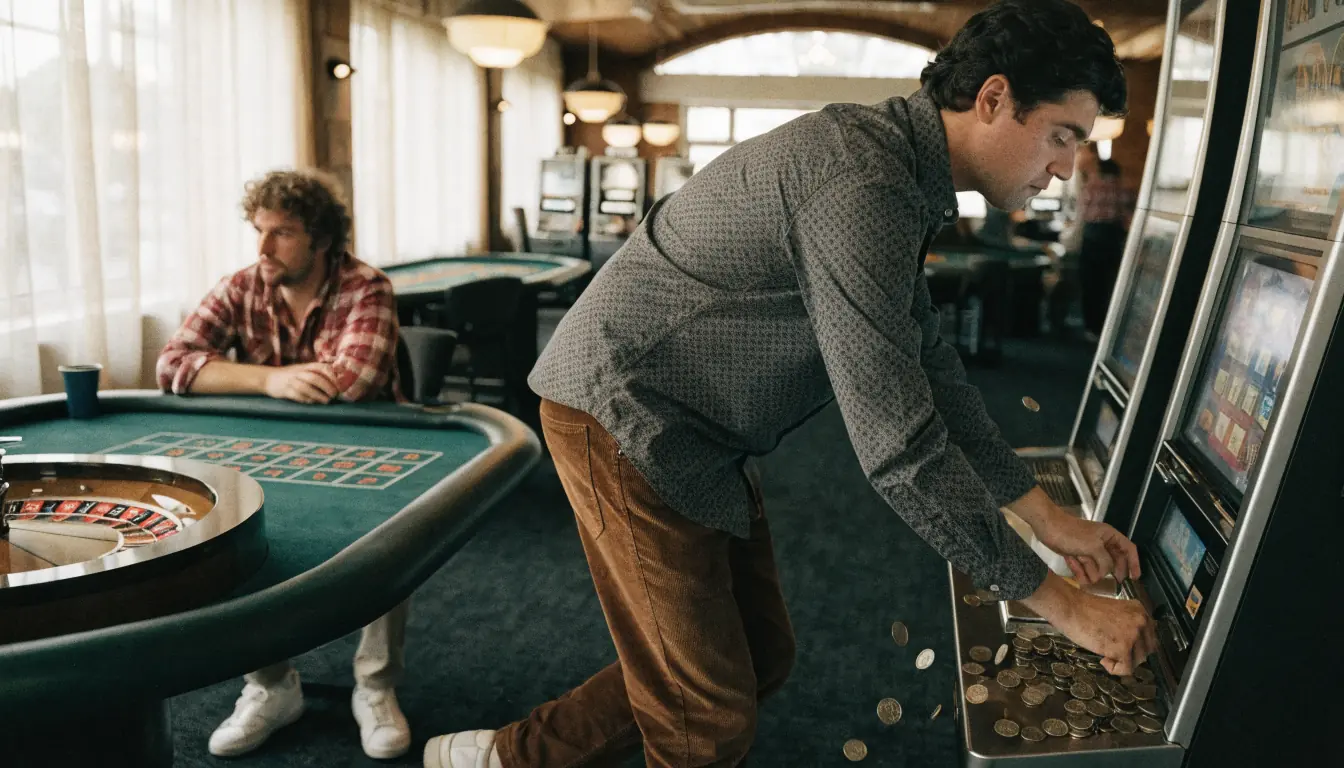 Person spielt Spielautomaten, andere Roulette.