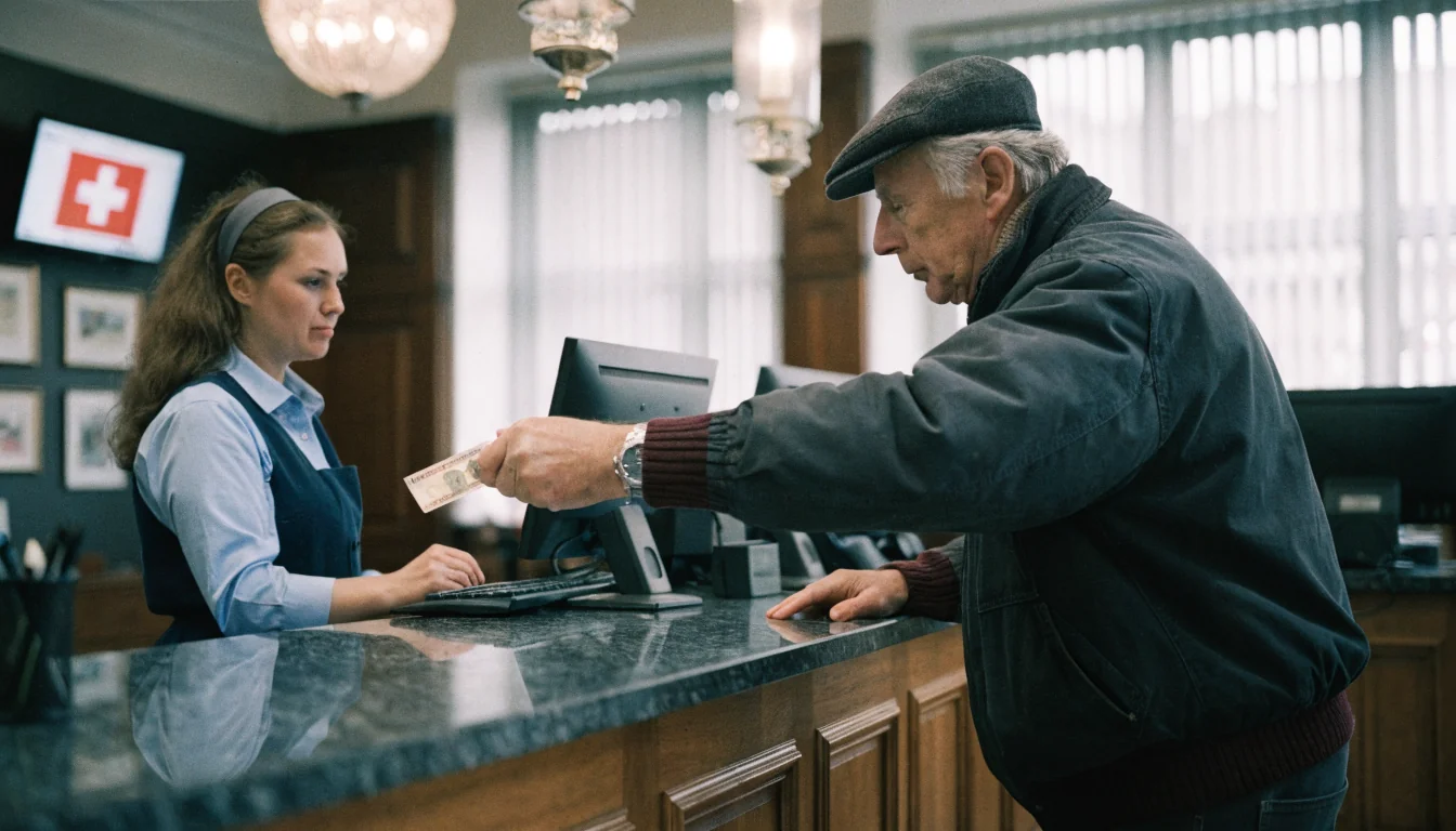 Person gibt Schweizer Franken in Bank.