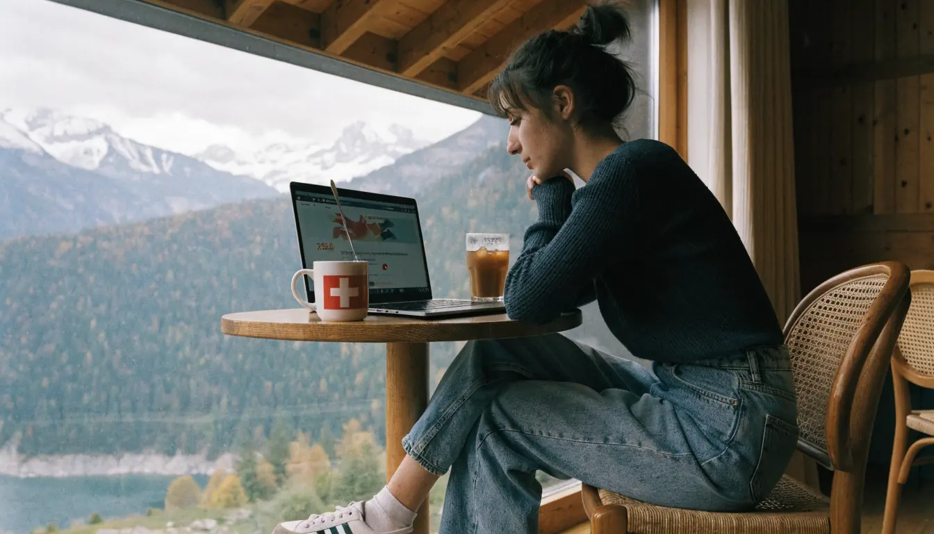 Frau im Café schaut auf Online‑Casino‑Webseite