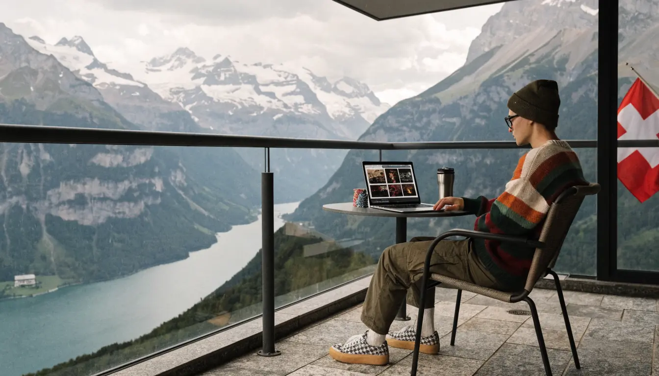 Person am Laptop mit Alpen und Schweizer Flagge