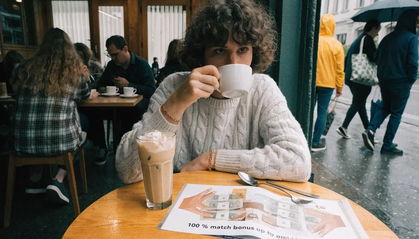 Junge im Café, Werbeflyer mit Geldsymbolen.