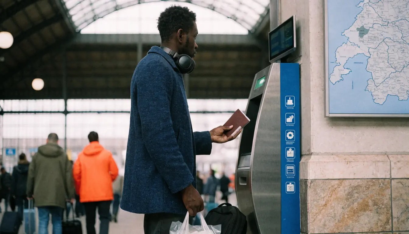 Person scannt Ausweis am Kiosk, Altersprüfung angezeigt