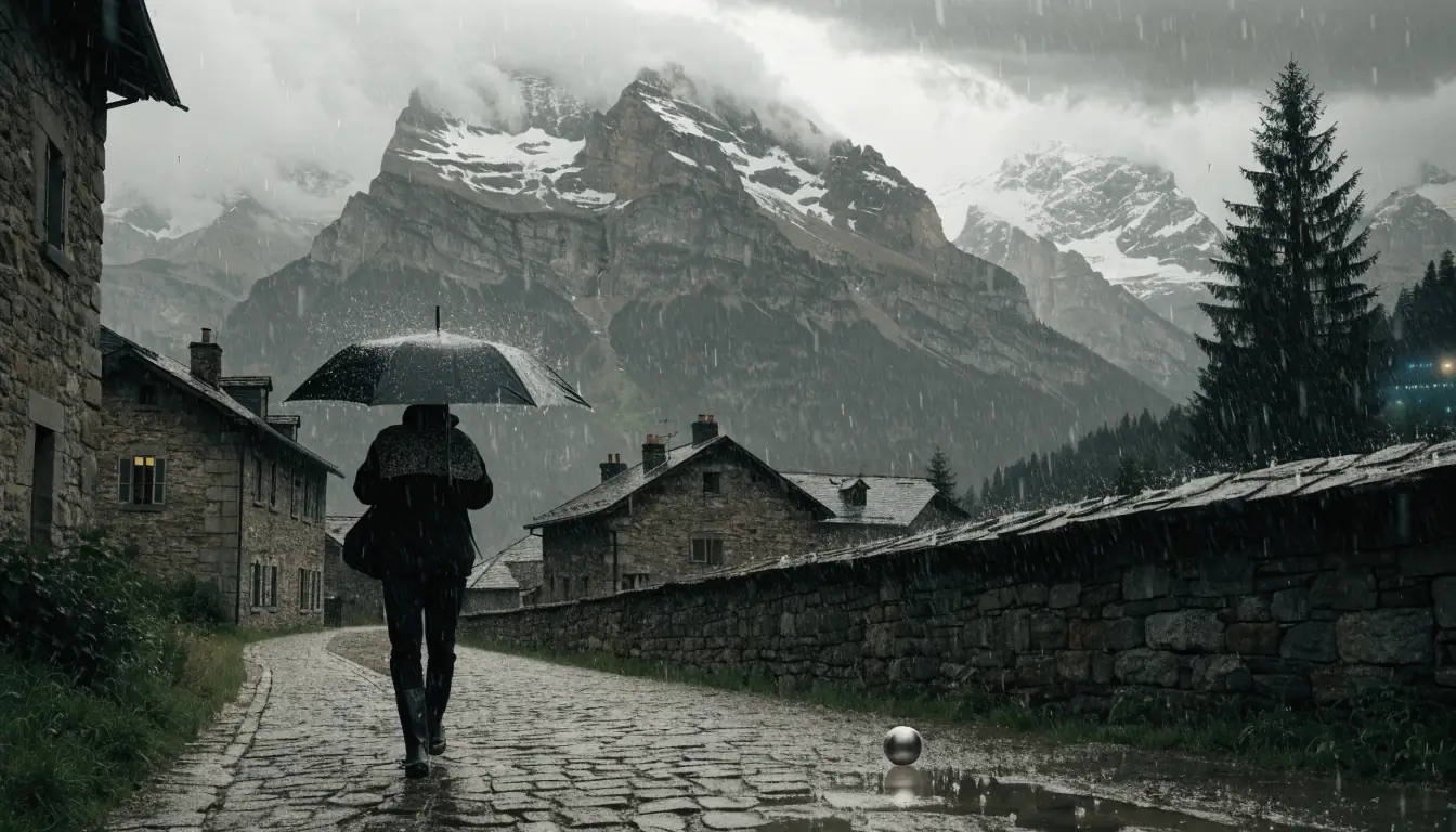 Person wandert mit Alpenhintergrund und Roulettekugel