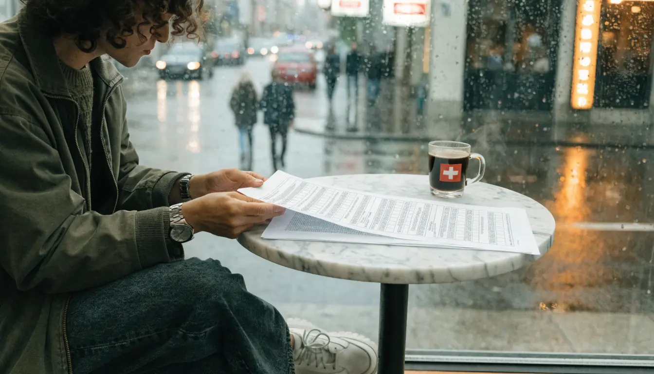 Person prüft gedruckte Lizenzliste im Café