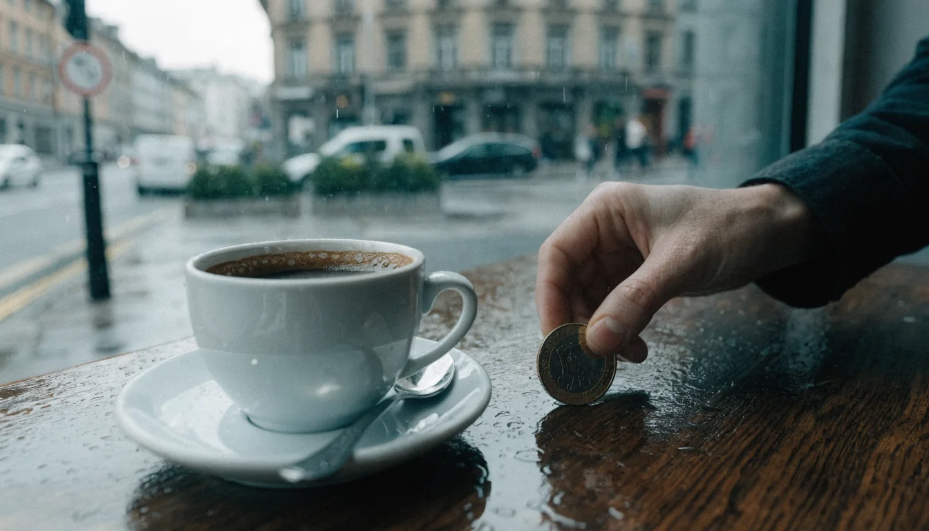 Hand hält 5‑Euro‑Münze auf Tisch