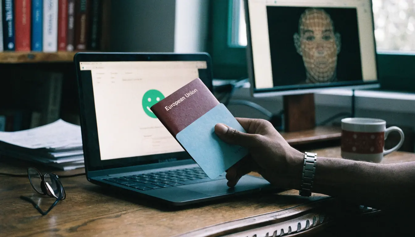 Ausweis, Pass neben Laptop, Verifikationsbildschirm