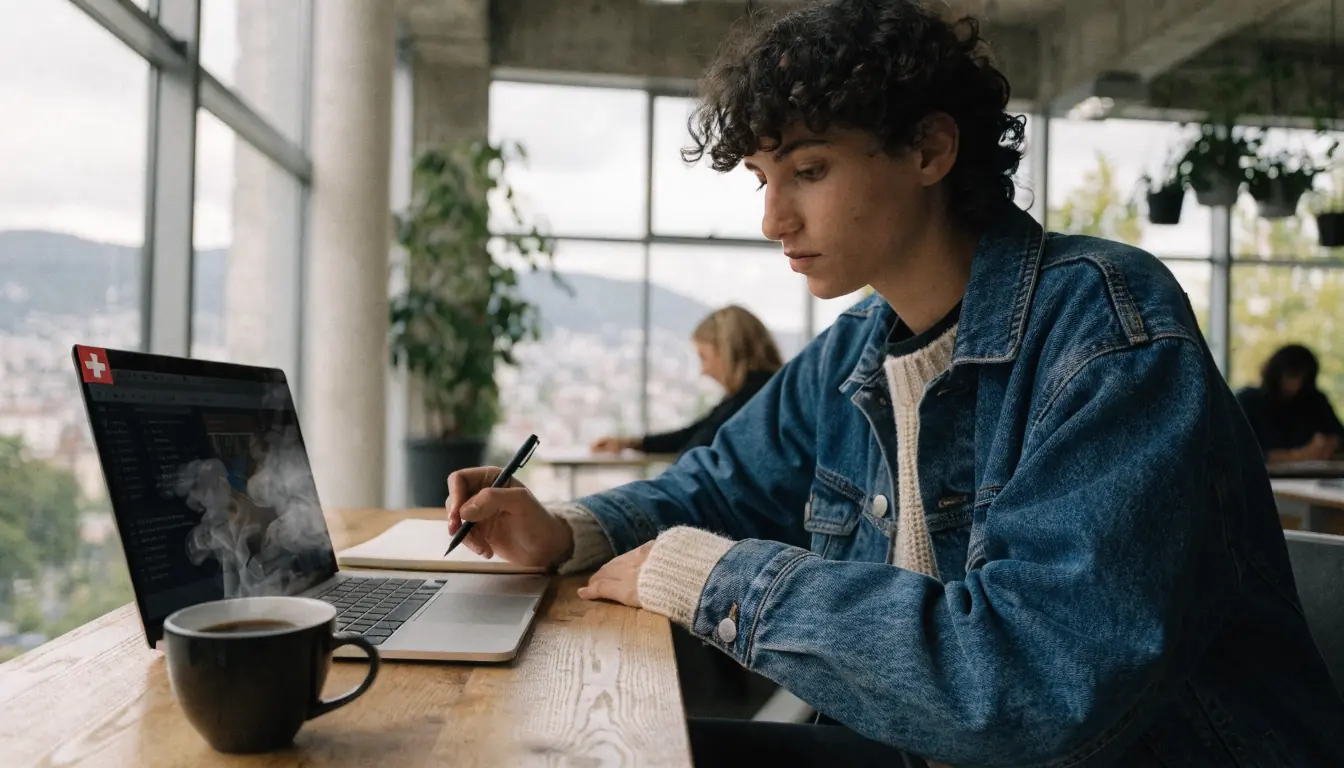 Junge Person am Laptop mit Schweizer Flagge