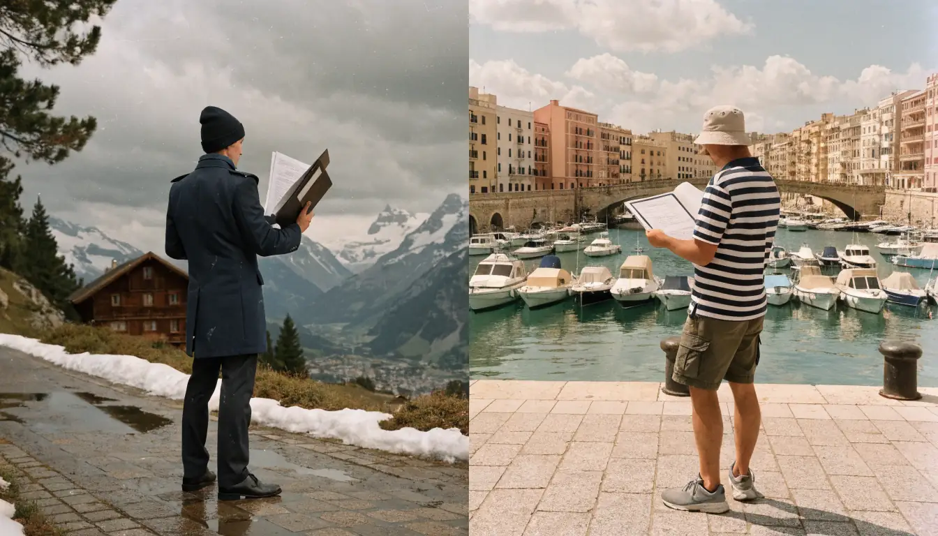Geteilte Ansicht: Alpen und maltesischer Hafen