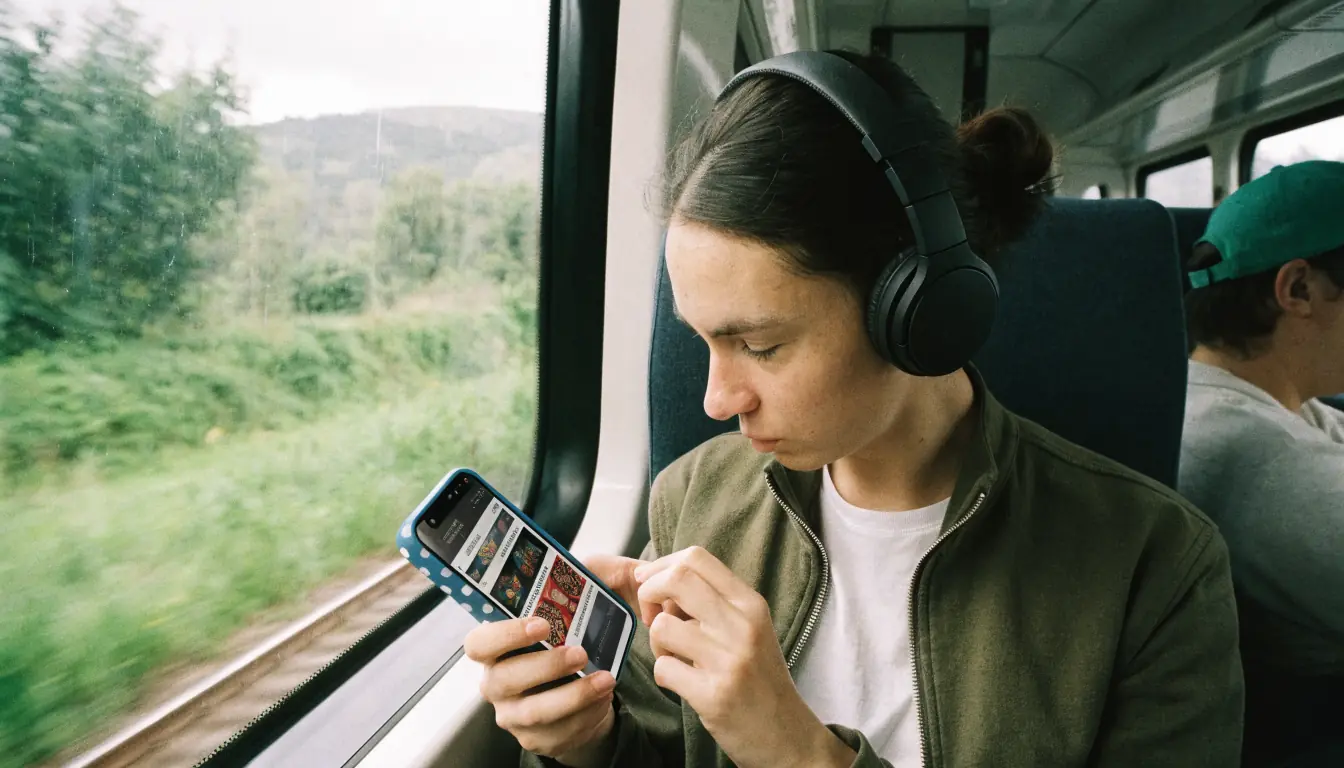 Pendler im Zug schaut auf Handy mit Casino‑Werbung