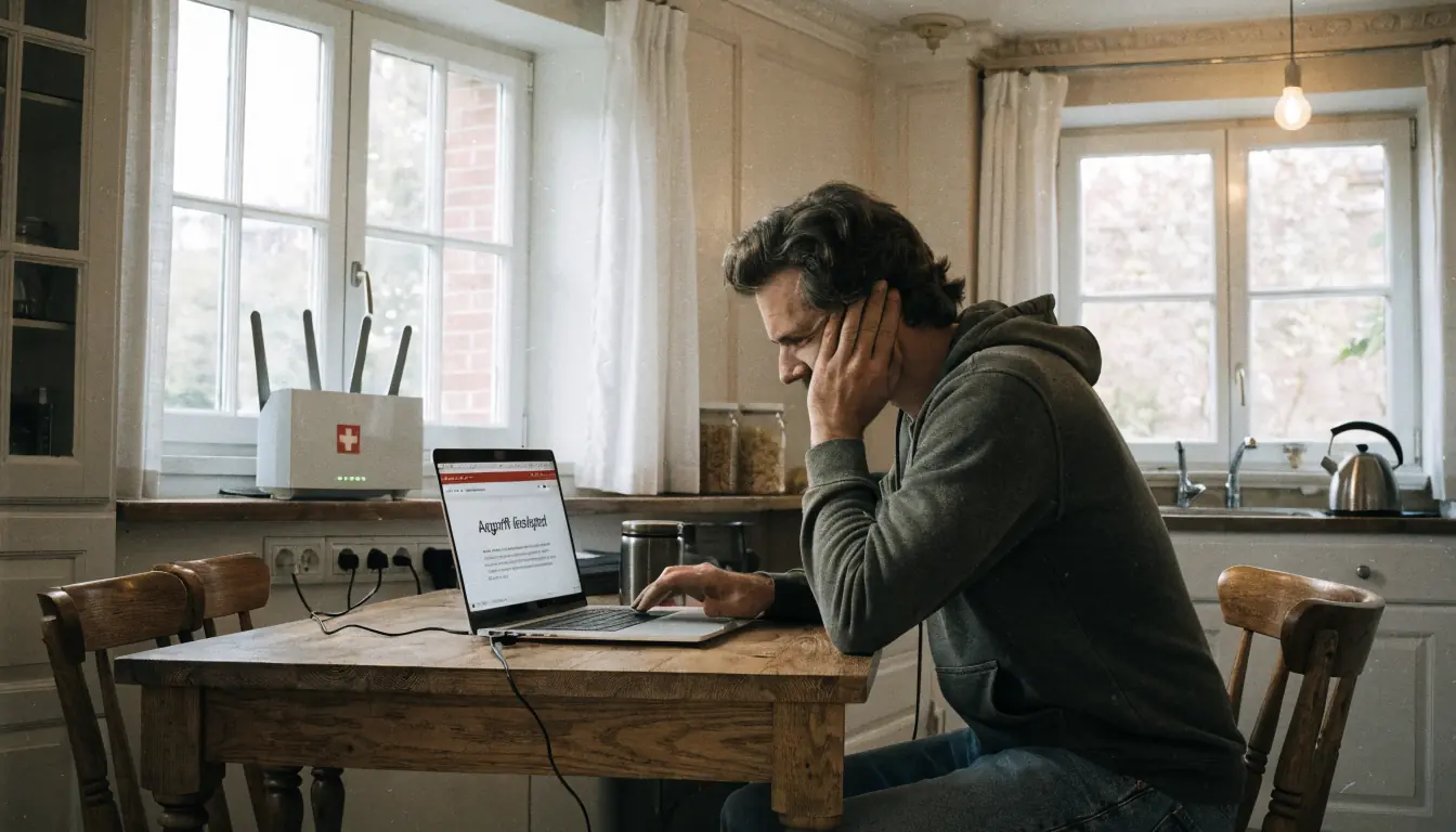 Laptop zeigt Blockierungsnachricht, Router leuchtet