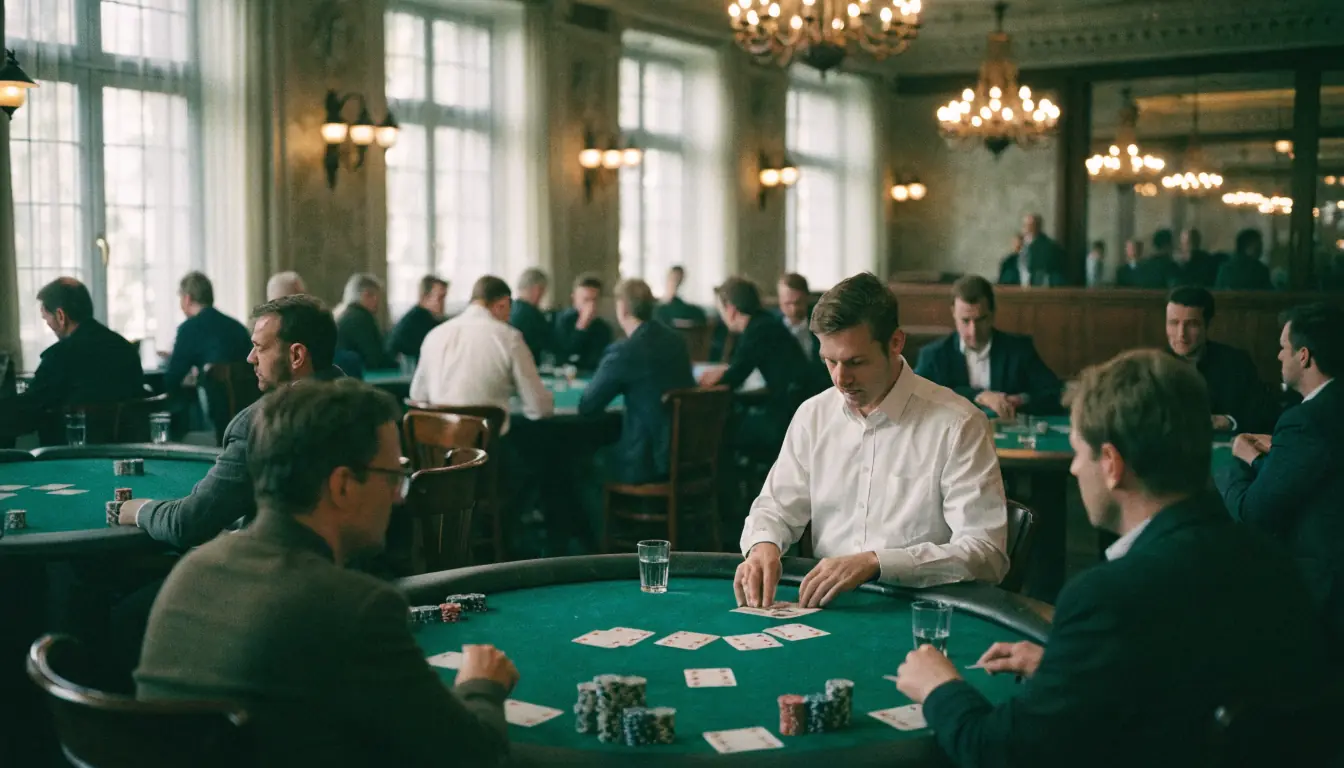 Pokerraum in Zürich, Spieler von hinten, Dealer verteilt Karten