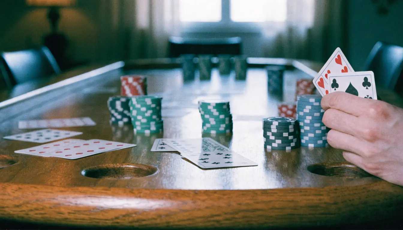 Karten und Chips auf Pokertisch, Hand hält zwei Karten