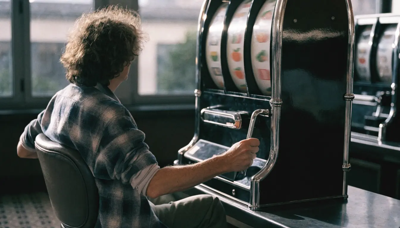 Spieler zieht am Spielautomaten den Hebel