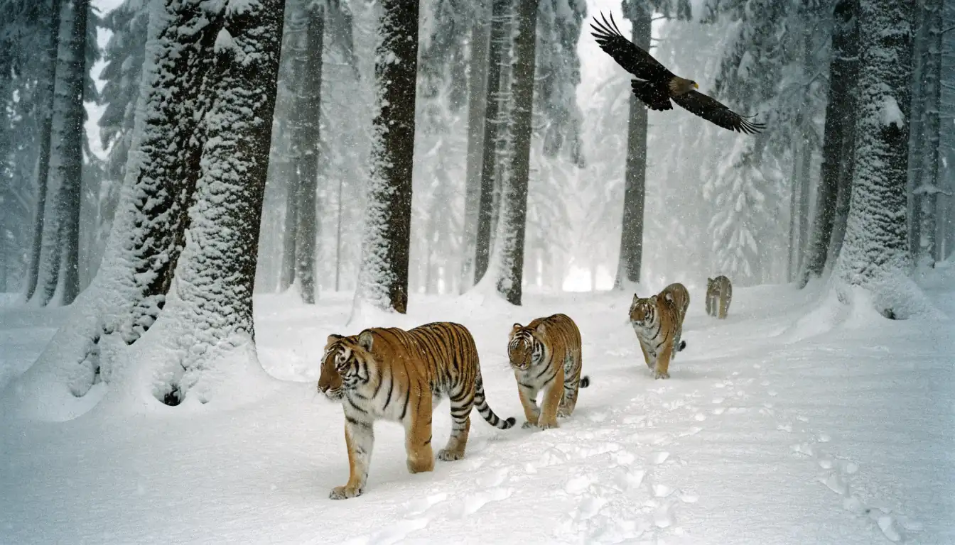 Winterliche Landschaft mit Tigern und Adler