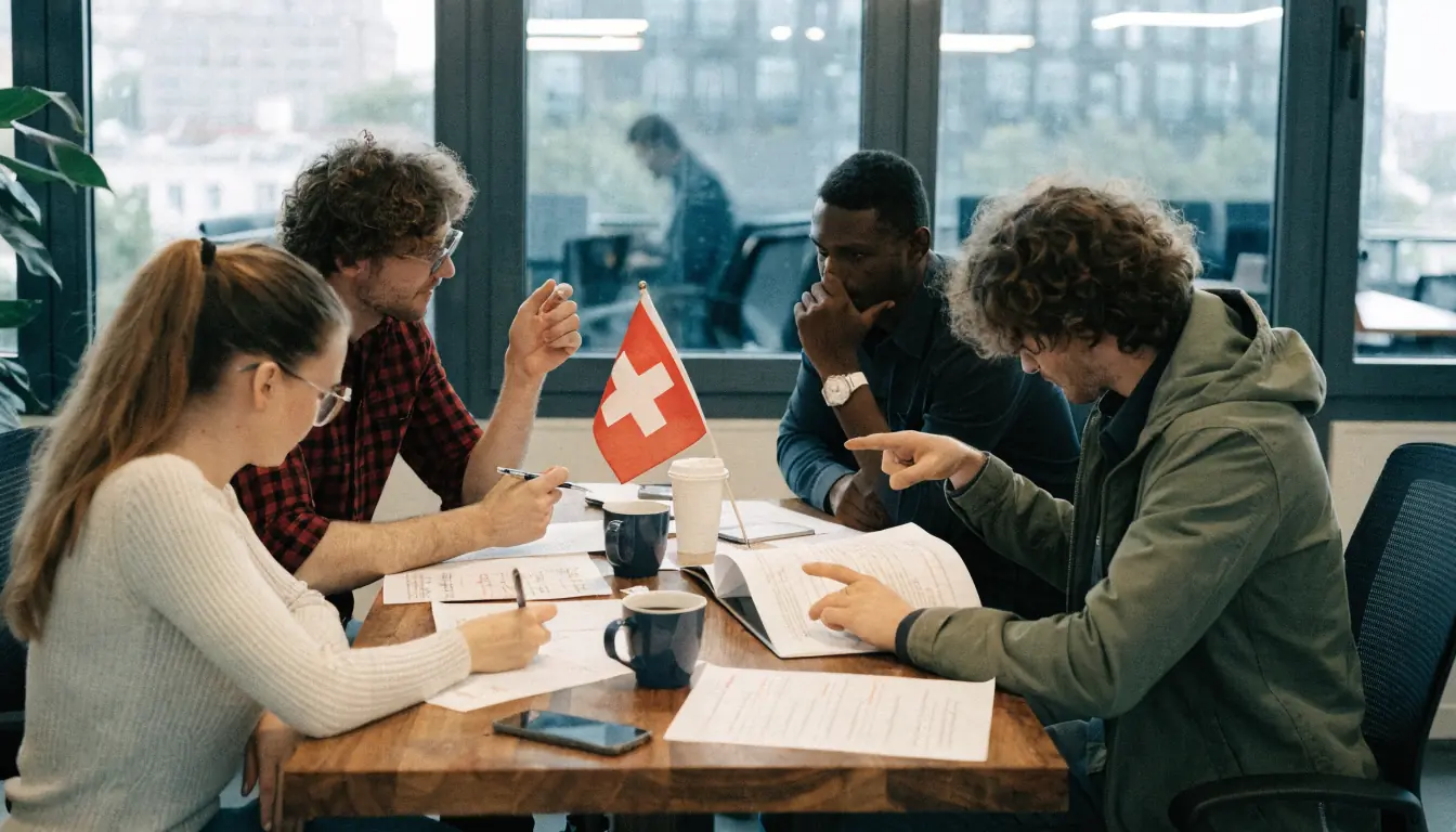 Redakteure diskutieren Schweizer Lizenzanforderungen am Tisch